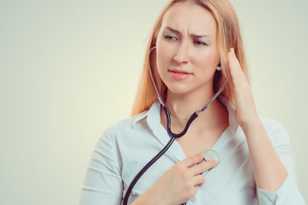 Una mujer asustada escuchando su corazón con un fondendoscopio. HBRH/Shutterstock