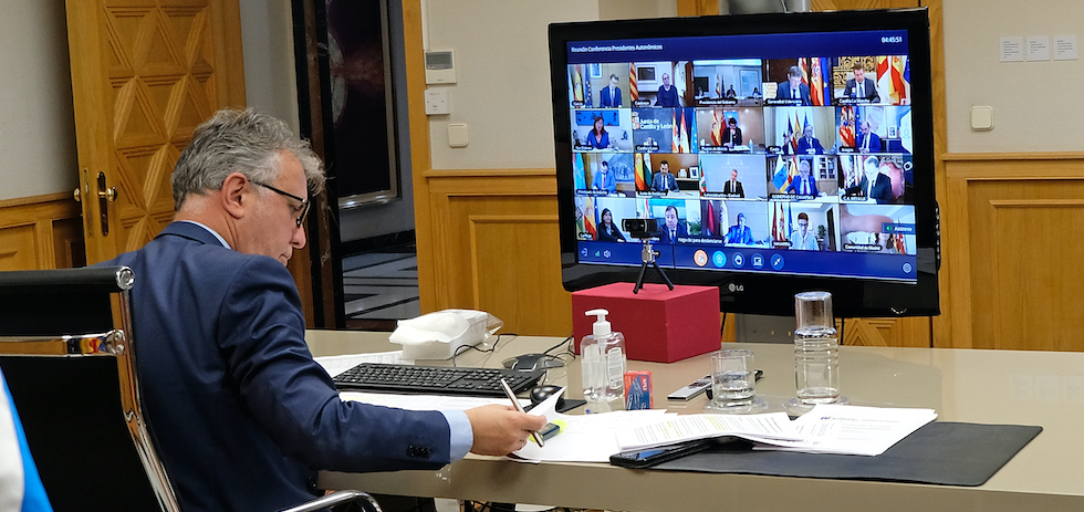 Ángel Víctor Torres participa en la reunión por videoconferencia del presidente estatal Pedro Sánchez con los presidentes autonómicos para tratar la crisi del coronavirus. ACFI PRESS