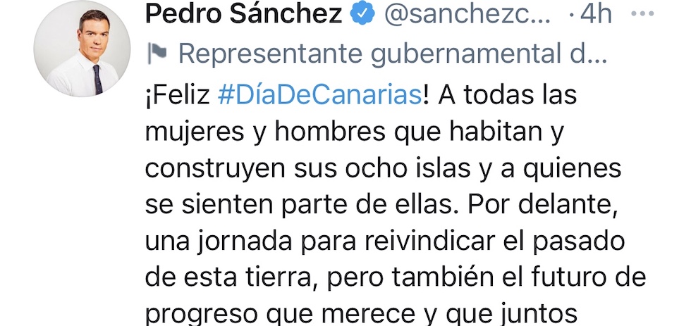 Felicitación del presidente del gobierno, Pedro Sánchez, por el Día de Canarias.