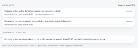El anfitrion ve resumenes de las conversaciones que el conserje con IA    resuelve por el, a cualquier hora y en el idioma del huesped