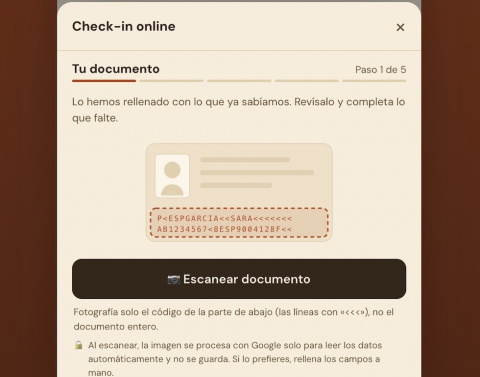 Check-in online: el huesped escanea su documento en su propio movil y    anpira envia el parte de viajeros al Ministerio (SES, RD 933/2021)
