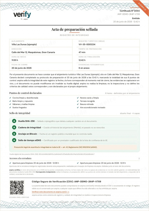 Un acta de limpieza sellada con Verify: fotos encadenadas    criptograficamente y sello de tiempo cualificado europeo (eIDAS).    Cualquiera puede comprobar su autenticidad en anpira.com/verify