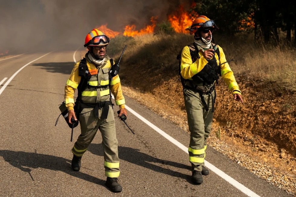 Los bomberos intentan sofocar las llamas en el incendio declarado en la sierra de La Culebra (Zamora). RTVE