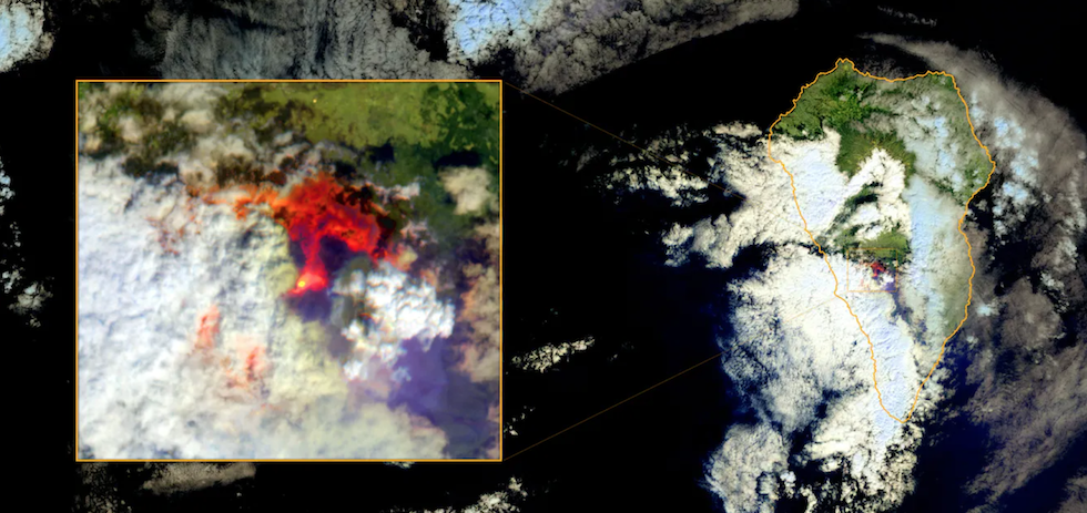 Imagen tomada por Copernicus Sentinel-2 el 20 de septiembre de 2021 que muestra el flujo de lava generado por la erupci&oacute;n en la isla de La Palma (Canarias, Espa&ntilde;a). Copernicus Sentinel-2 satellites