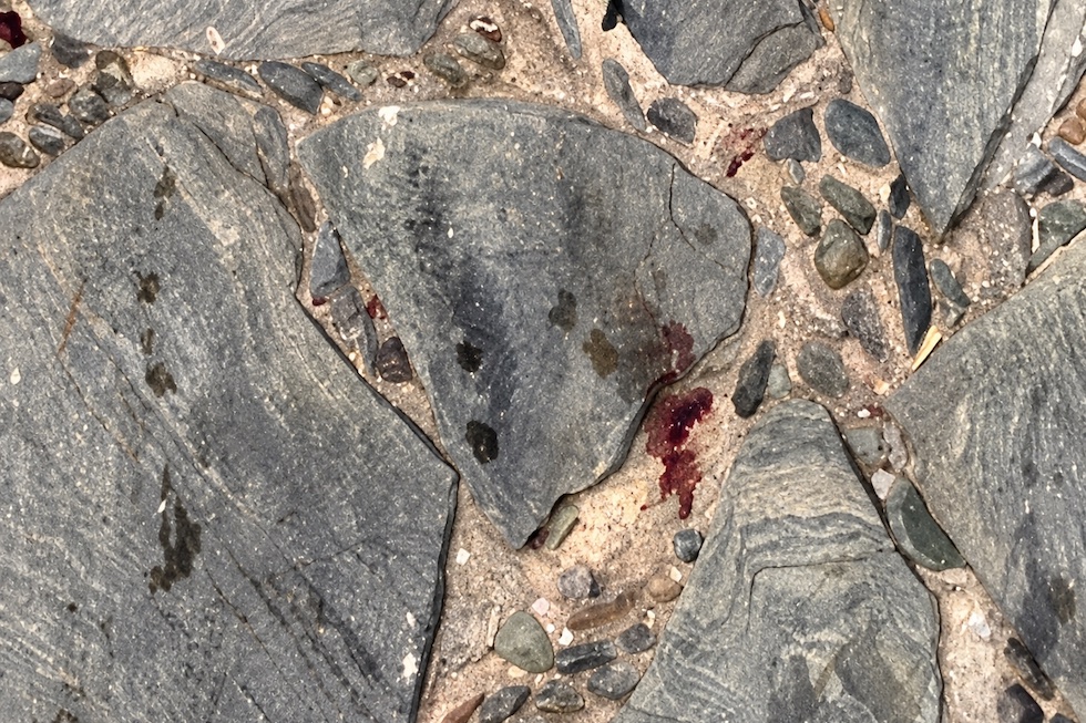 Pavimento r&uacute;stico de piedra y manchas rojizas de sangue